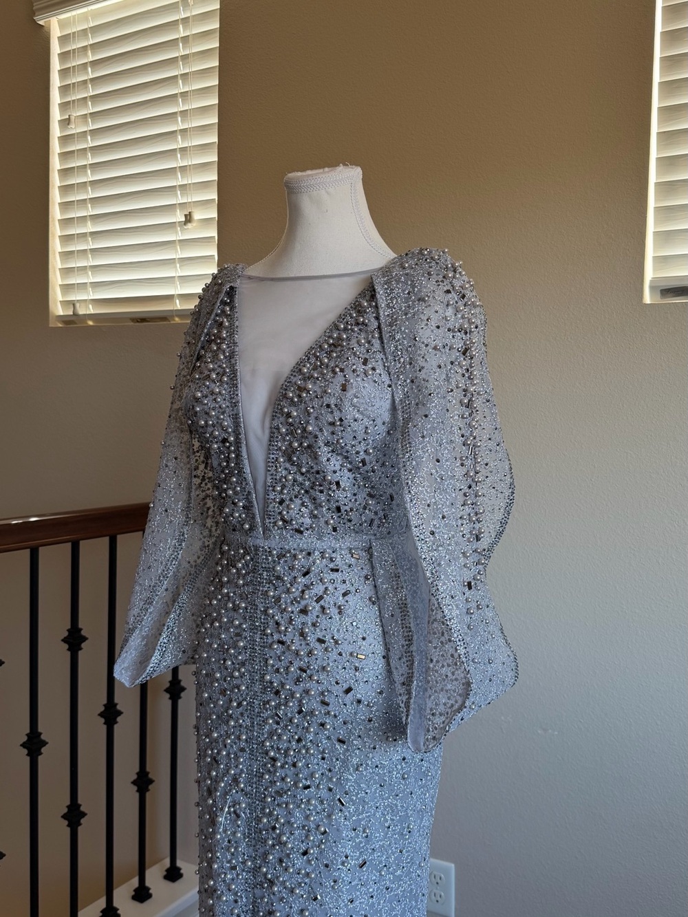 Embellished Silver Evening Gown with Plunging V-Neck - Picture 4 of 5
